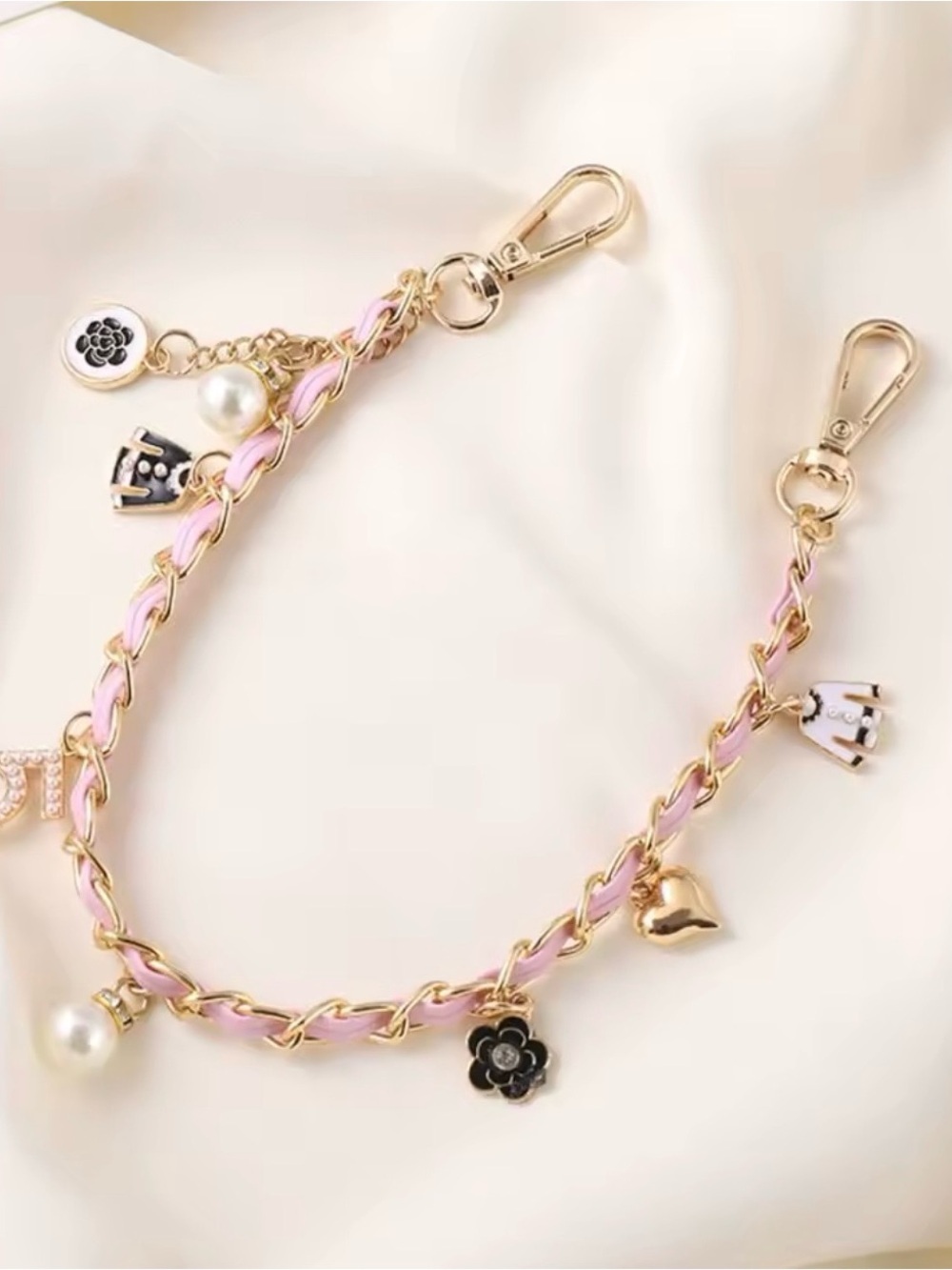 Gold & Pink #5 Charm Phone Chain with Pearls and Floral Accents